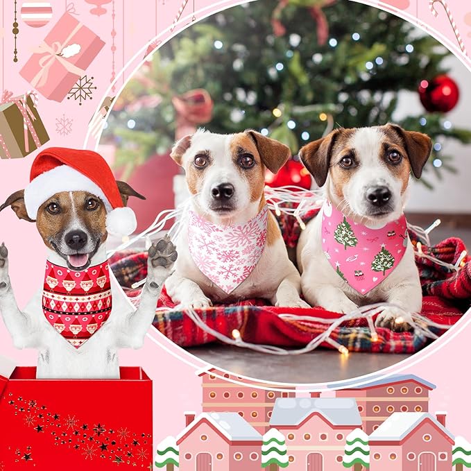 Newwiee 100 Pieces Pink Christmas Dog Bandanas Bulk for Dogs Soft and Breathable Adjustable Christmas Tree Santa Snowman Patterns Printing Dog Kerchief for Small to Large Puppy Cat