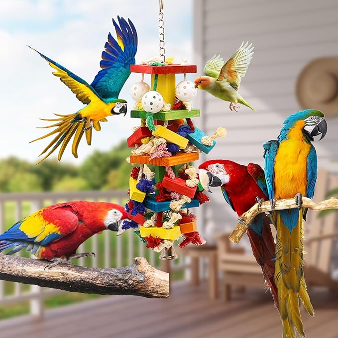 Interactive Parrot Toys for Large Birds, Cockatoo, Cockatiel, and Parakeet Toys, Original Wooden and Natural Material, Fun Durable and Eco-Friendly Bird Cage Toy