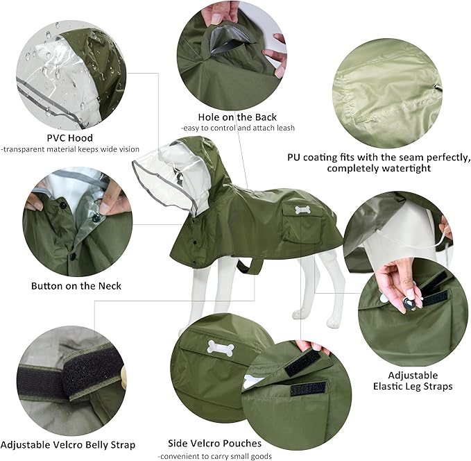 Waterproof Dog Raincoat, Adjustable Reflective Lightweight Pet Rain Clothes with Poncho Hood (Army Green, Small)