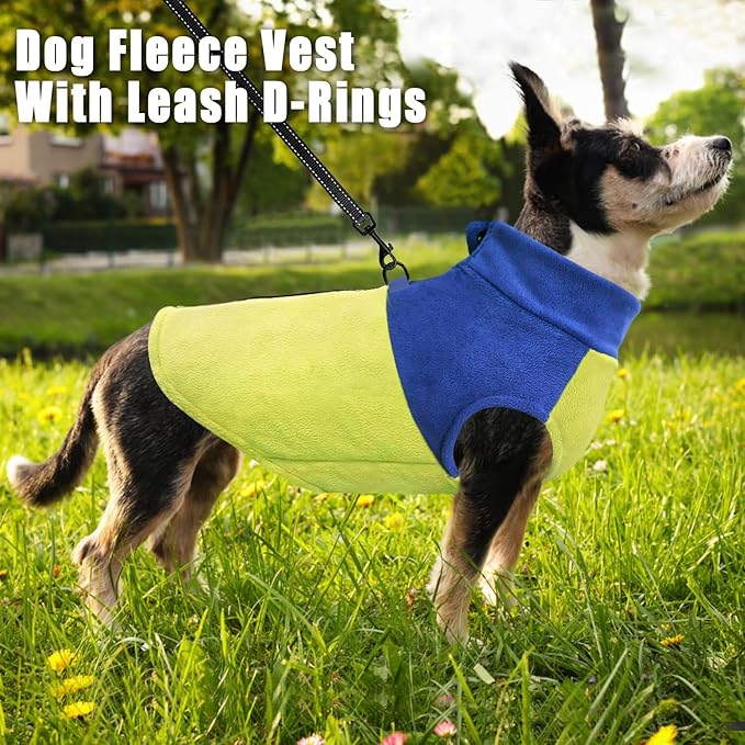 Idepet Dog Fleece Vest Sweater Zip Up Warm Pullover Dogs Jacket with D-Ring Leash Winter Cold Weater Coat Pet Sweatershirt Clothes Hoodie for Small Medium Dogs Boy Girl (Blue/Green, XL)