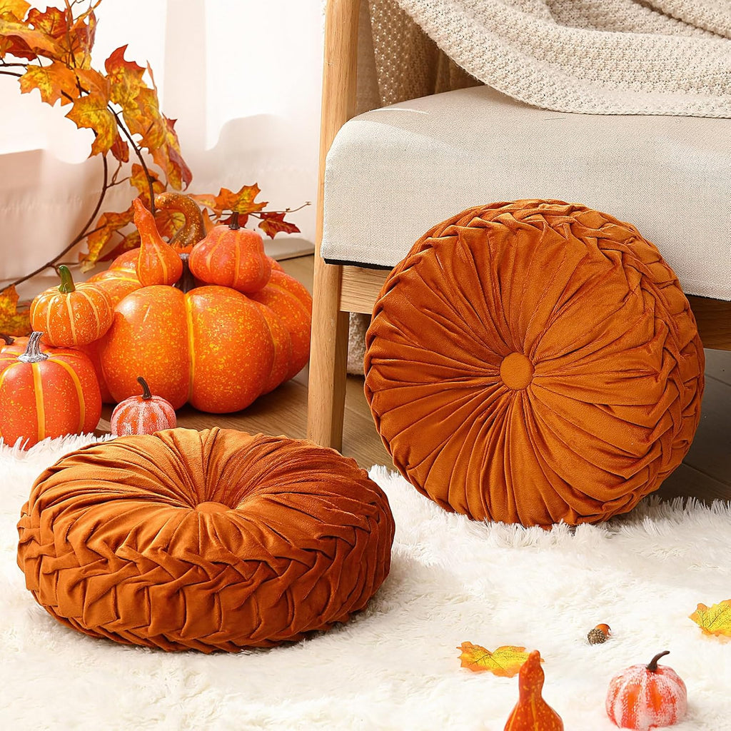 2 Pcs Round Throw Pillows 15 Inch Decorative Velvet Pleated Pumpkin Floor Boho Pillows for Living Room Couch Chair Bed Sofa (Orange)