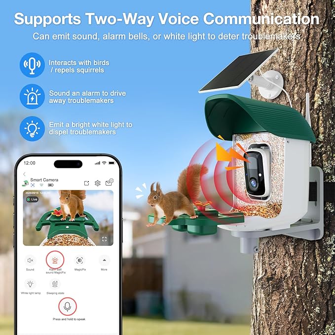 Smart Bird Feeder with 3MP HD Camera & AI Identify, Hummingbird Feeder with Solar Panel, Supports Two-Way Audio, Instant Arrival Alerts, Birdhouses for Outdoors, Gifts for Bird Lovers, Green