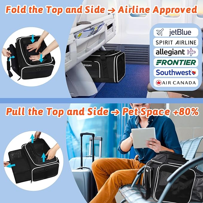 Petskd Top and Side Expandable Pet Carrier 17x12x8.5 Inches JetBlue Frontier Spirit Airline Approved, Soft-Sided Carrier for Small Cats and Dogs with Locking Safety Zipper and Anti-Scratch Mesh(Black)
