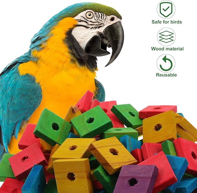 Parrot Toys 100 Pcs Wooden Blocks Bird Chewing Trim Beak Foot Craft Cage Part Mini Wood Chip Charms DIY Playing Chewing Shredding Mixed Large Bird Toys (Pack of 2)