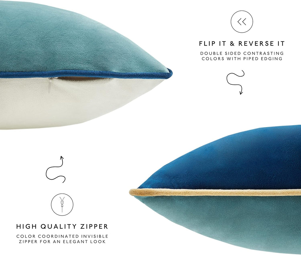 MONDAY MOOSE Decorative Throw Pillow Covers Cushion Cases, Set of 4 Soft Velvet Modern Double-Sided Designs, Mix and Match for Home Decor, Pillow Inserts Not Included (18x18 inch, Blue/Beige)