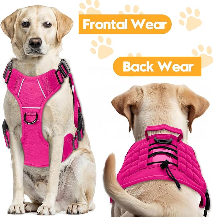 Heavy-Duty Tactical Dog Harness for Large Dogs, No Pull Adjustable Reflective Pet Vest with Molle System, K9 Military-Grade Control for Service Training, Outdoor & 10+ Breeds, Hot Pink, X-Large