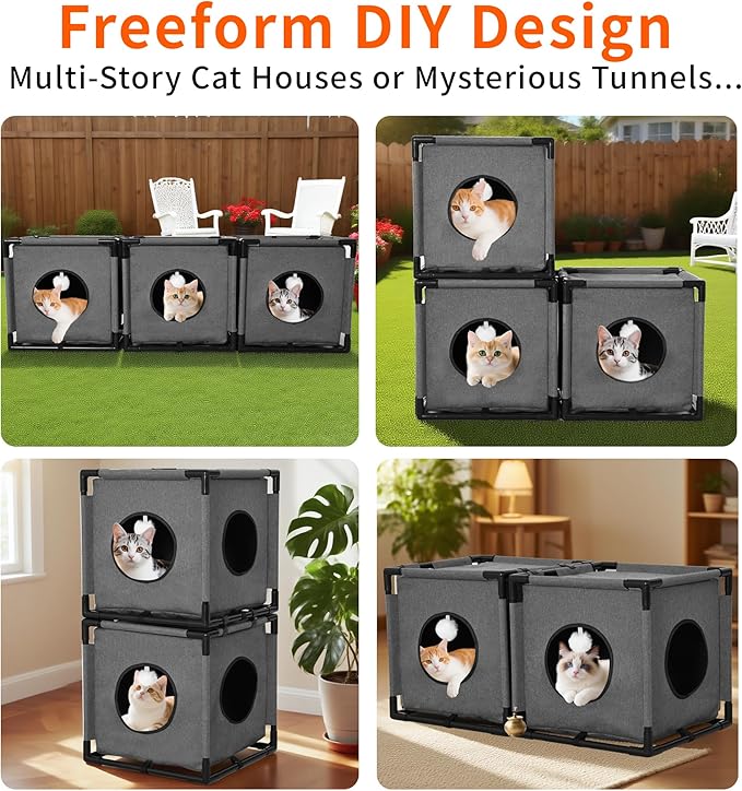 2-Story Cat House for Indoor Cats - Large Cat Cave Bed with Soft Velvet Pad and Fluffy Ball，Stable and Easy to Assemble Kitty Fort, Muti-Functional Cat Condo， Grey