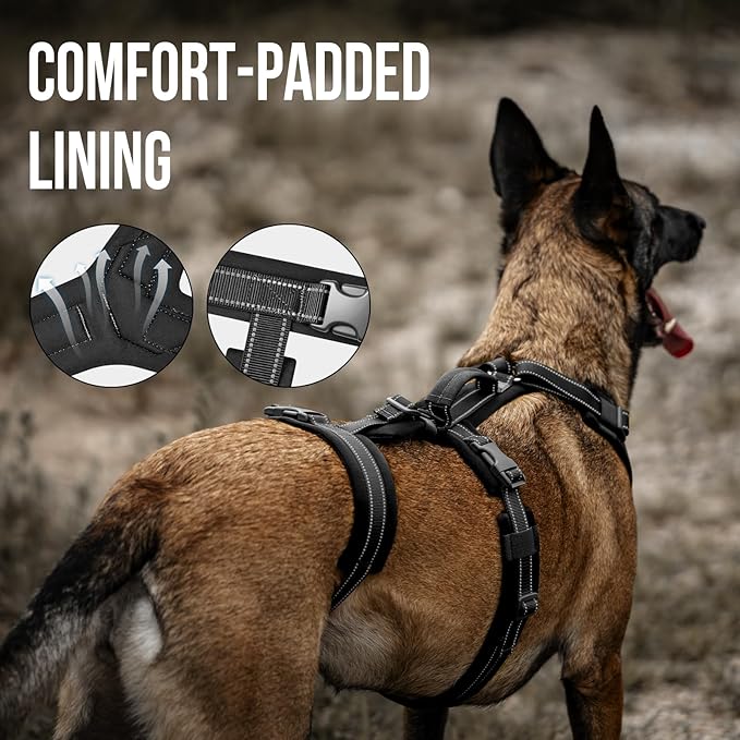 OneTigris Dog Harness No Pull, Adjustable Tactical Harness with Soft Padding, Y-Shaped Reflective Easy Walk Dog Harness for Medium and Large Dogs