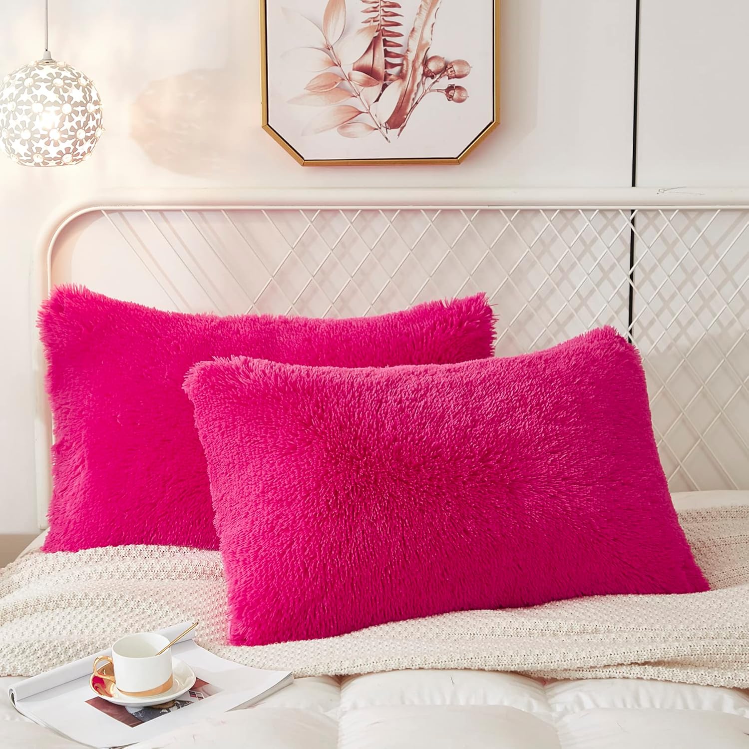 Uhamho Set of 2 Standard Pillowcases Faux Fur Throw Pillow Covers Queen Size Shams Soft Velvet Decorative Zipper Closure (Hot Pink, 20"x26")