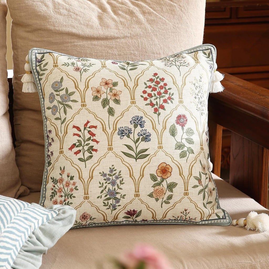 ISAENNE Design Linen Throw Pillow Covers 18"x18", Square Farmhouse Cushion Covers with Yellow Purple Watercolor Wildflower Pattern Decor Pillowcases for Bed,Living Room,Outdoor,Car