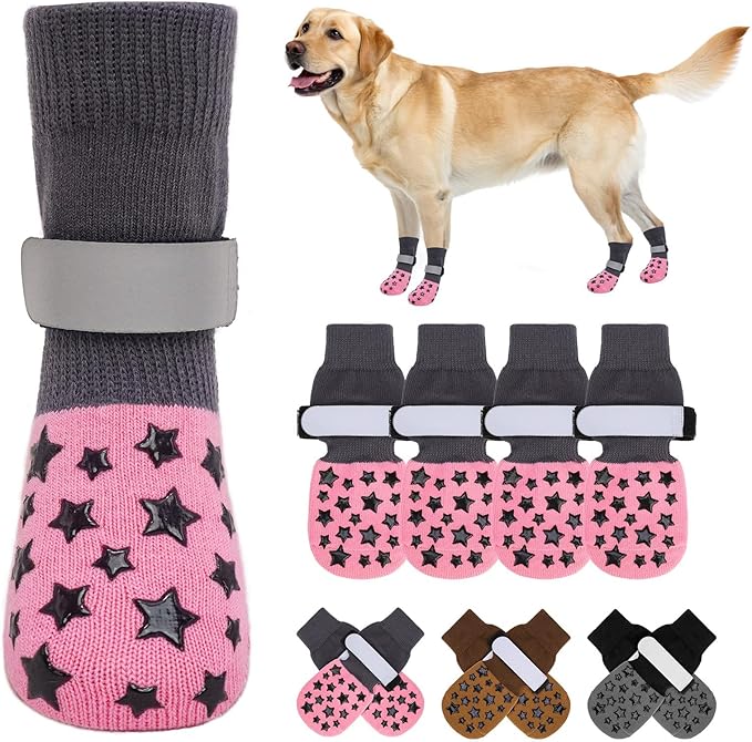 BEAUTYZOO Anti Slip Dog Socks to Prevent Licking Paws, Dog Shoes for Cold Pavement, Grip Socks for Dogs on Hardwood Floors, Dog Booties Alternative, Reflective&Washable Paw Protection for Senior Dogs