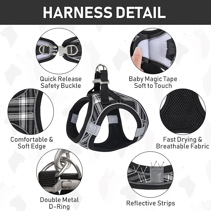 GAMUDA Small Dog Harness Collar and Leash Set, Step in No Chock No Pull Soft Mesh Adjustable Dog Vest Harnesses Plaid Reflective for Dogs Puppy Cats Kitten Rabbit (Black, L)
