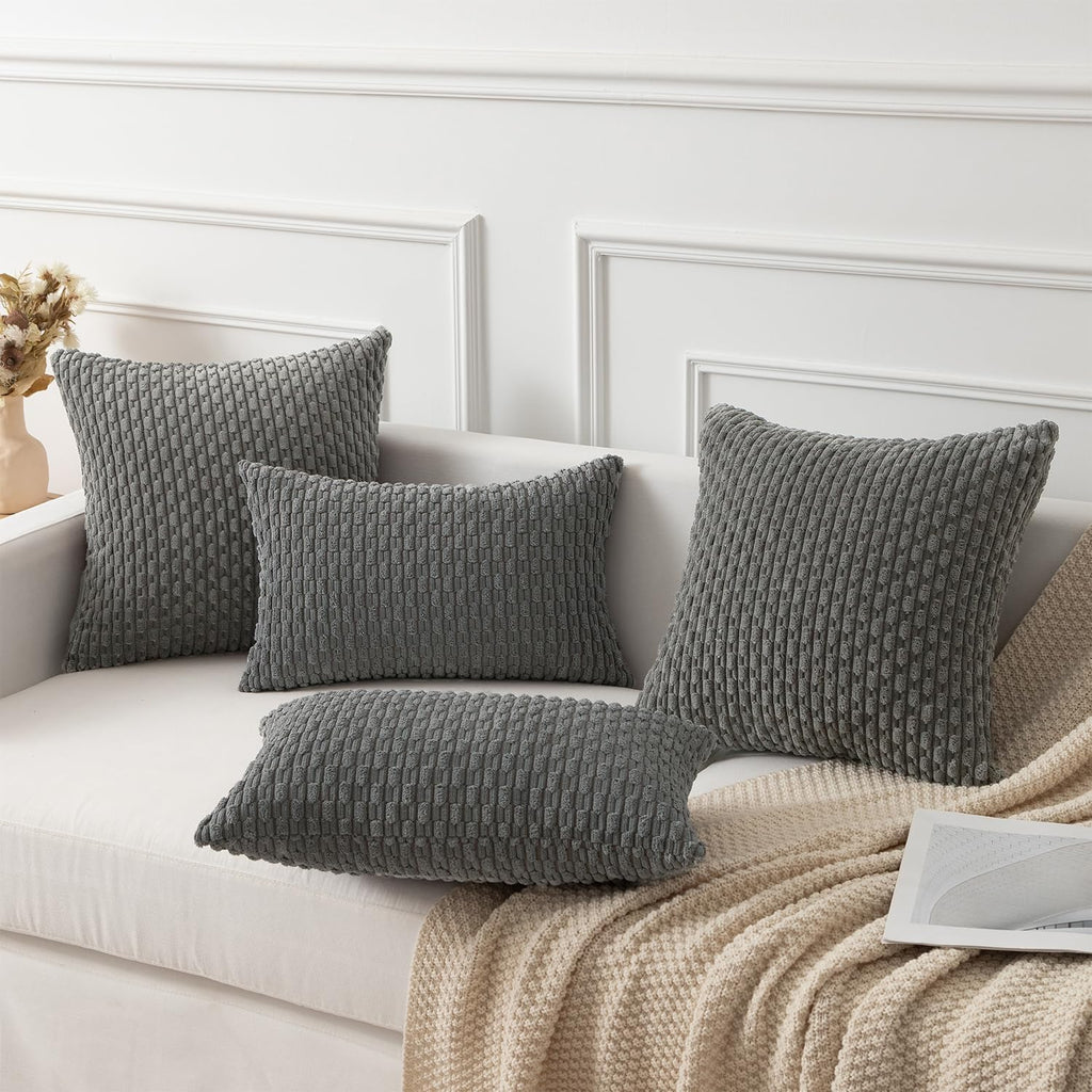 Kevin Textile 12x24 Inch Pillow Cover 1 Pack Boho Decorative Soft Striped Corduroy Lumbar Farmhouse Accent Rectangle Cushion Case for Living Room Couch Sofa Bed, Dark Grey