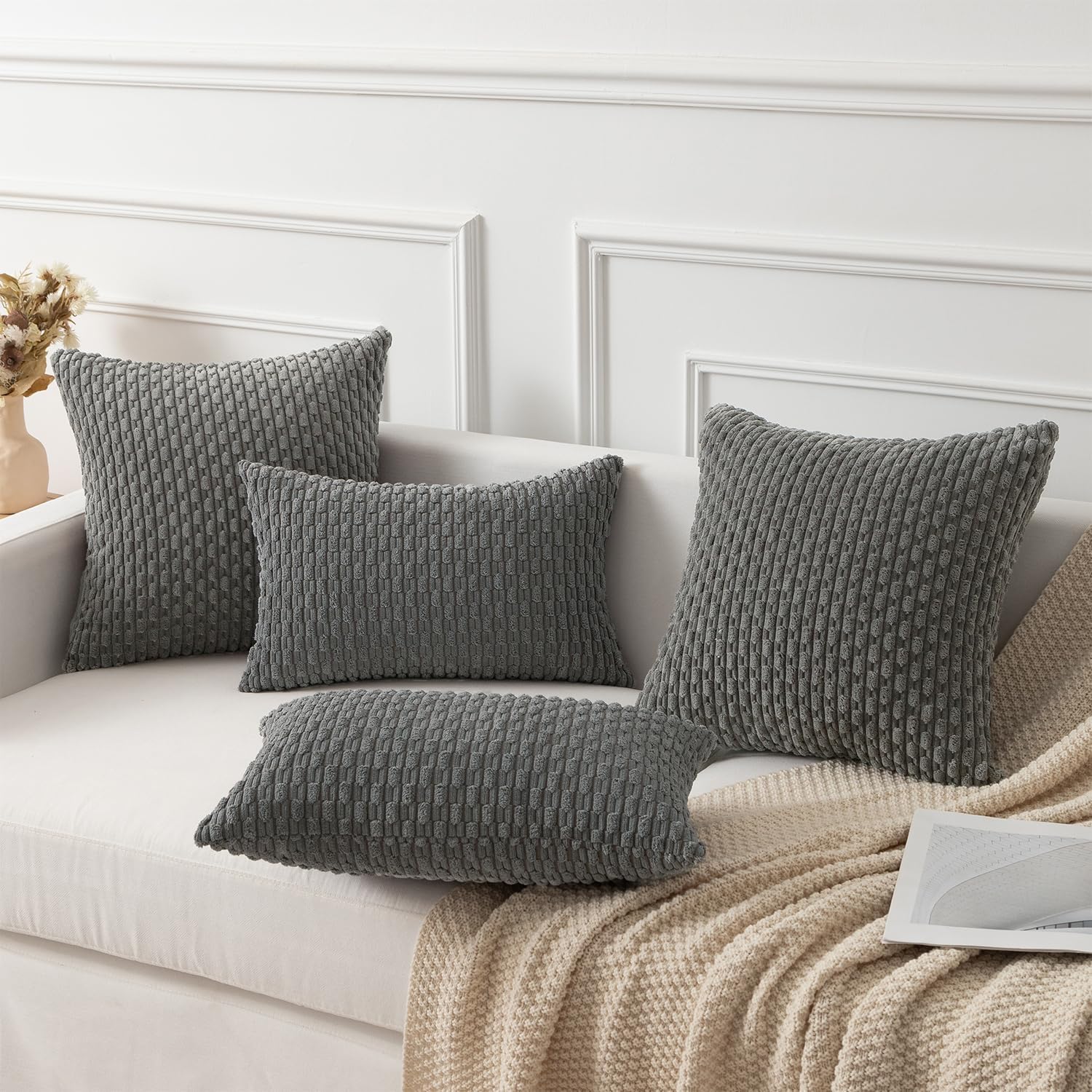 Kevin Textile 14x24 Inch Pillow Cover 1 Pack Boho Decorative Soft Striped Corduroy Lumbar Farmhouse Accent Rectangle Cushion Case for Living Room Couch Sofa Bed, Dark Grey