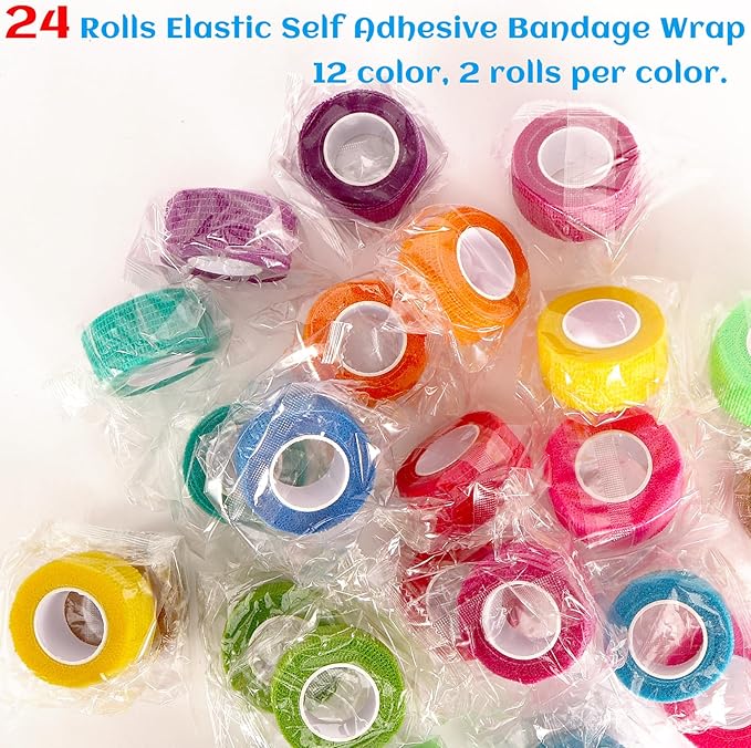 24 Rolls Elastic Self Adhesive Bandage Wrap 1 Inch, Breathable Non Woven Cohesive Bandage, Vet Wrap for Dogs, Ankle Sprains Swelling Medical First Aid Tape, Sports Athletic Tape Color