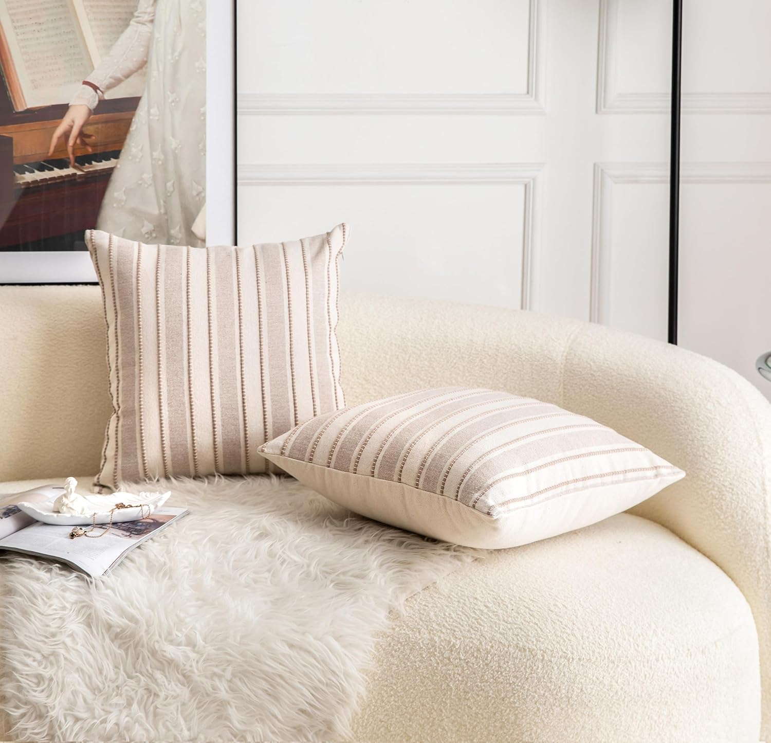 Decorative Boho Throw Pillow Covers, Farmhouse Textured Pillow Case, 20 x 20 Inch Set of 2, Chair Sofa Bedroom Living Room Home Decor Couch Cushion Case, Taupe and Beige Striped