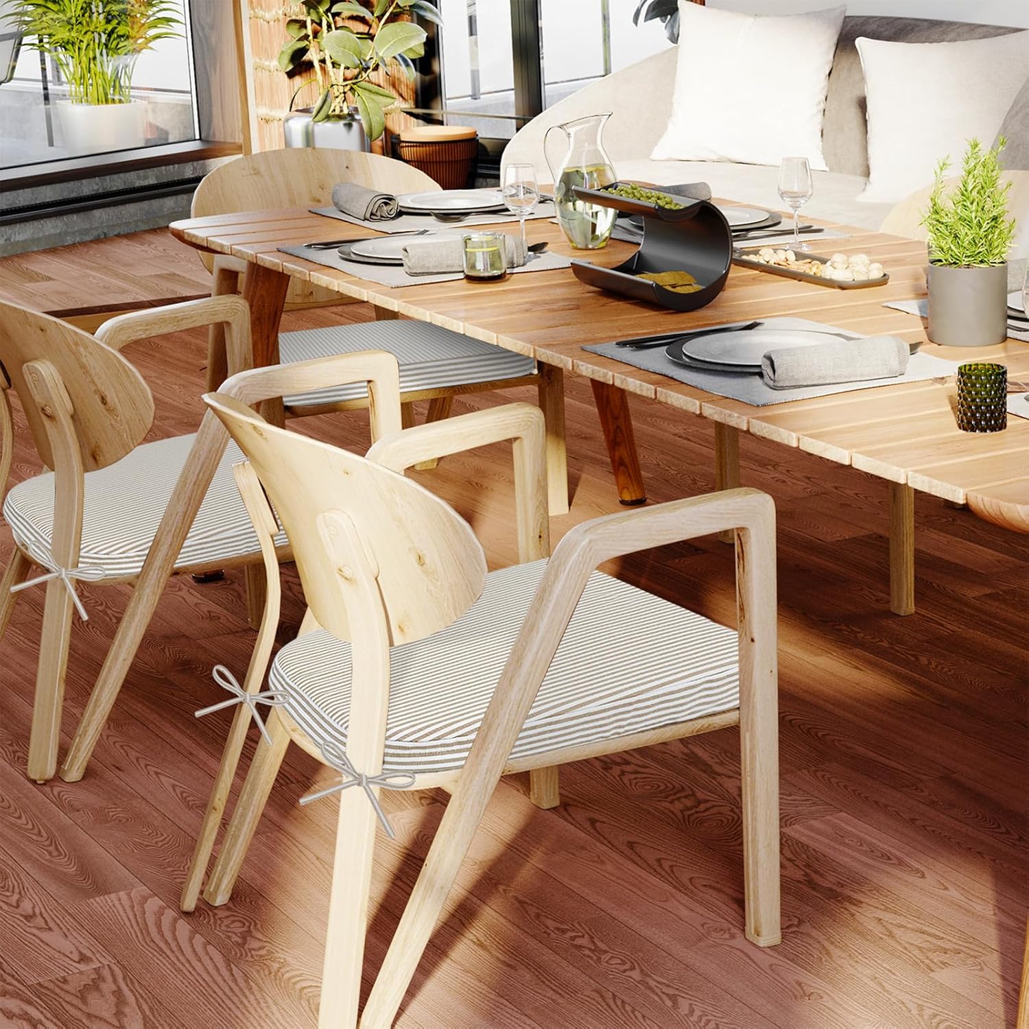 AAAAAcessories D-Shaped Chair Cushions, 2" Thick Dining Chair Pads with Ties and Removable, Machine-Washable Cover, 17" x 16", Set of 6, Natural Sand Pinstripe