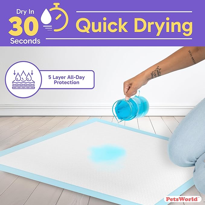 PetsWorld XL Dog Pee Pads 30"x36", 200-Count – Heavy Duty, Leak-Proof Potty Training Pads for Puppies & Large Dogs, Super Absorbent, Quick-Dry Disposable Pads with Odor Control