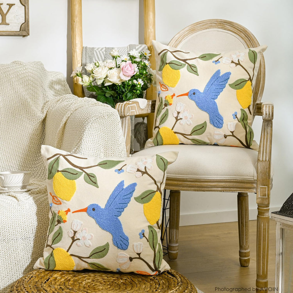 AVOIN colorlife Holiday Floral Embroidered Decorative Throw Pillow Covers Set of 2, 18 x 18 Inch Bird Lemon Flowers Tufted Patterned Linen Cushion Cases for Bedroom Living Room Sofa Couch