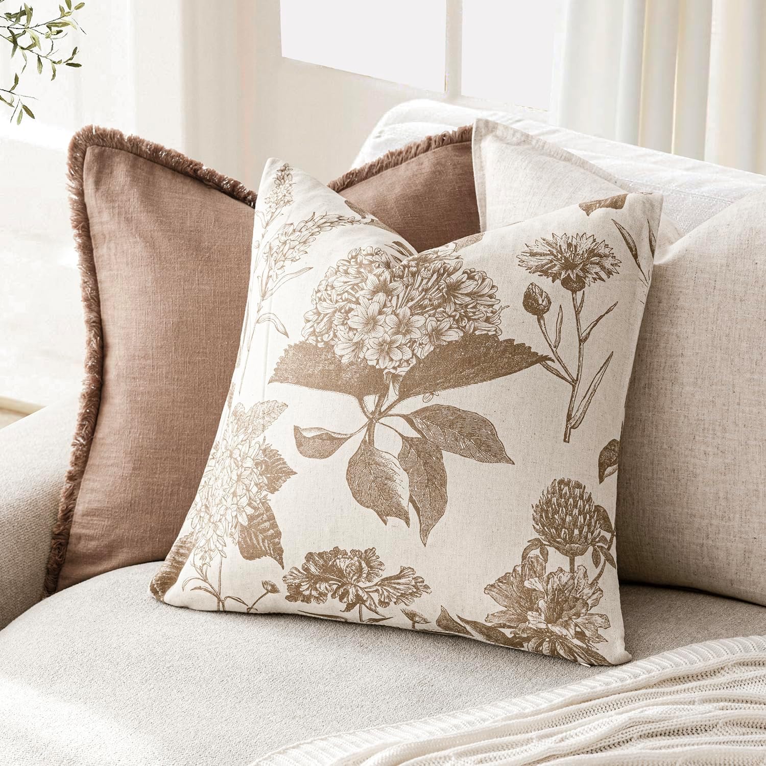 Foindtower Set of 2 Linen Floral Vintage Throw Pillow Covers Neutral Accent Decorative Cushion Covers Farmhouse Boho Home Decor for Sofa Chair Couch Bedroom Living Room,18×18 Inch,Light Brown