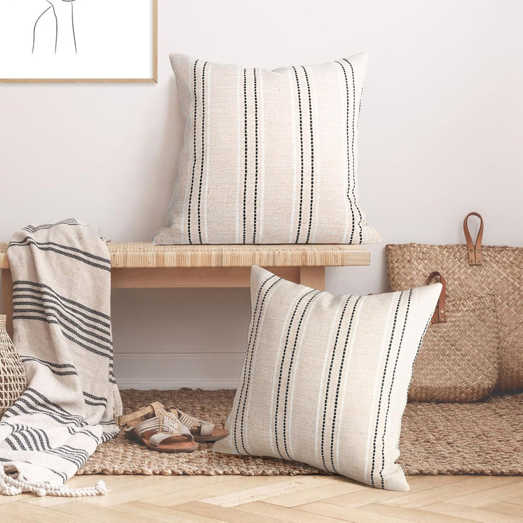AELS 24x24 Decorative Farmhouse Linen Throw Pillow Covers, Boho Textured Pillow Case, Set of 2, Beige with White & Black Stitch Yarn Dyed Stripe Cushion Cover for Sofa Couch Living Room (Cover ONLY)