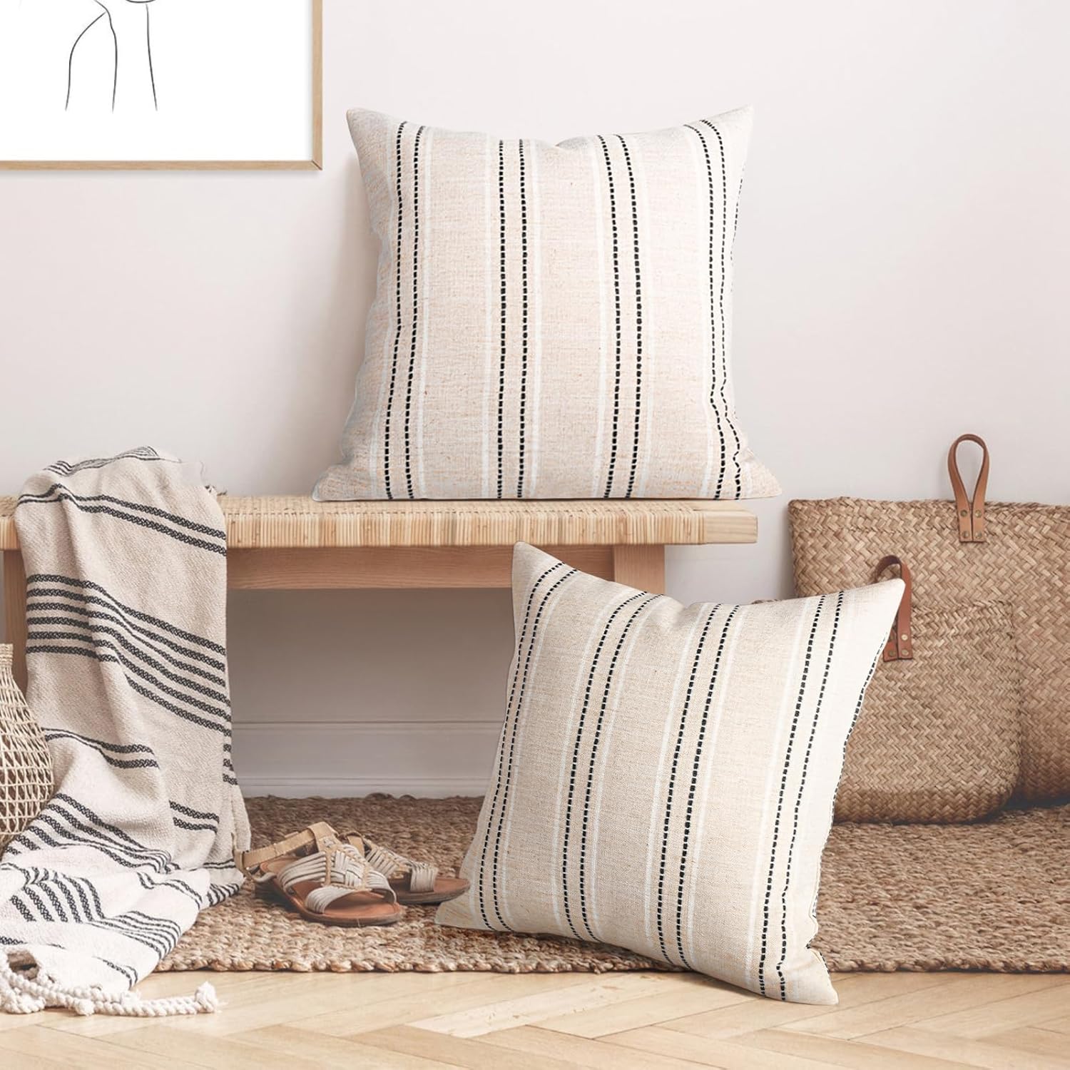 AELS 24x24 Decorative Farmhouse Linen Throw Pillow Covers, Boho Textured Pillow Case, Set of 2, Beige with White & Black Stitch Yarn Dyed Stripe Cushion Cover for Sofa Couch Living Room (Cover ONLY)