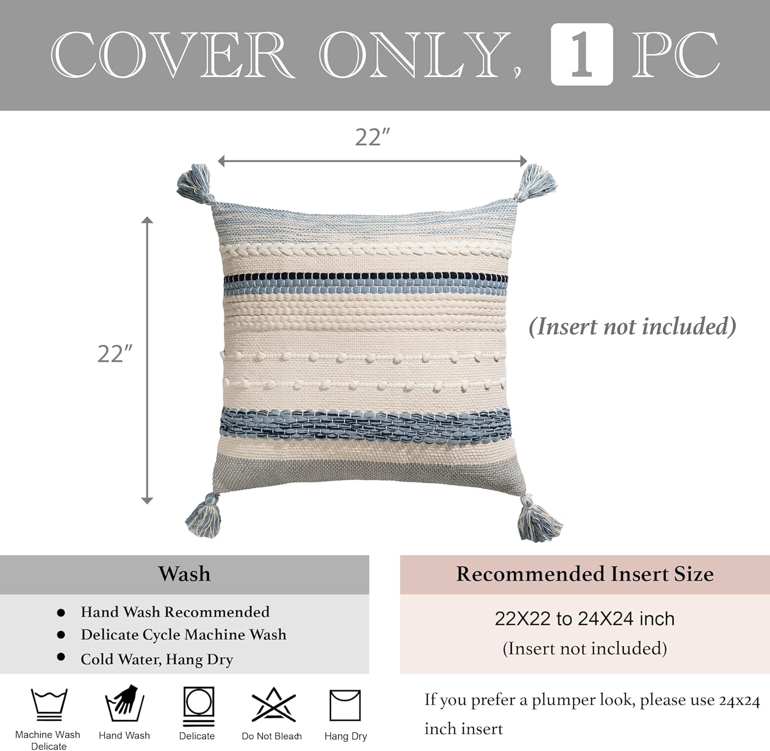 BlissBlush Coastal Blue Boho Decorative Throw Pillow Cover 22x22 Modern Bohemian Accent Pillow Case Square Woven Textured Farmhouse Pillows for Couch Bed (Pack of 1)