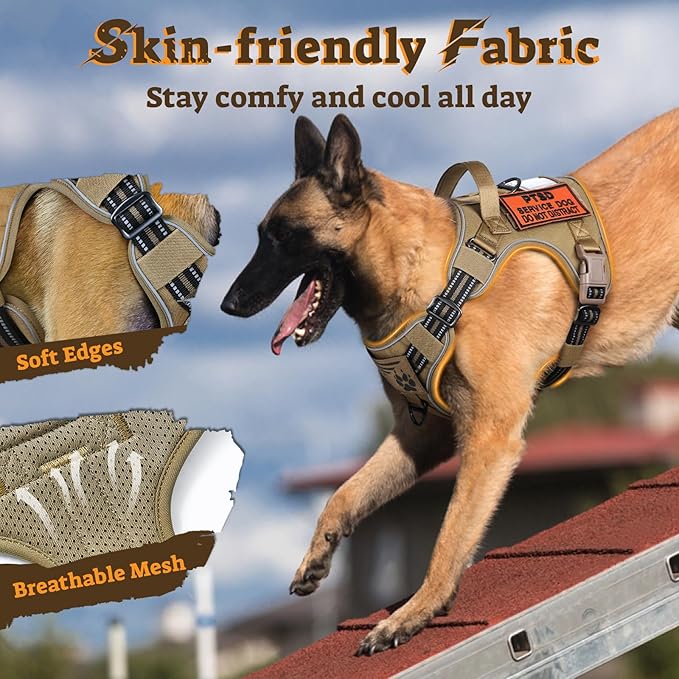 rabbitgoo Dog Harness Medium Sized No Pull, Tactical Service Pet Vest with Molle and Control Handle, Adjustable and Reflective Military Harness for Easy Walking and Training, Brown, M