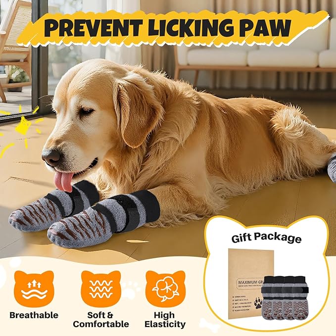 SlowTon Dog Socks with Double-Sided Grippers - 4PCS Dogs Grip Socks for Hot & Cold Pavement or Hard Floors, Non-Slip Paw Traction Protectors for Small Medium Large Dogs Senior(Grey, M)