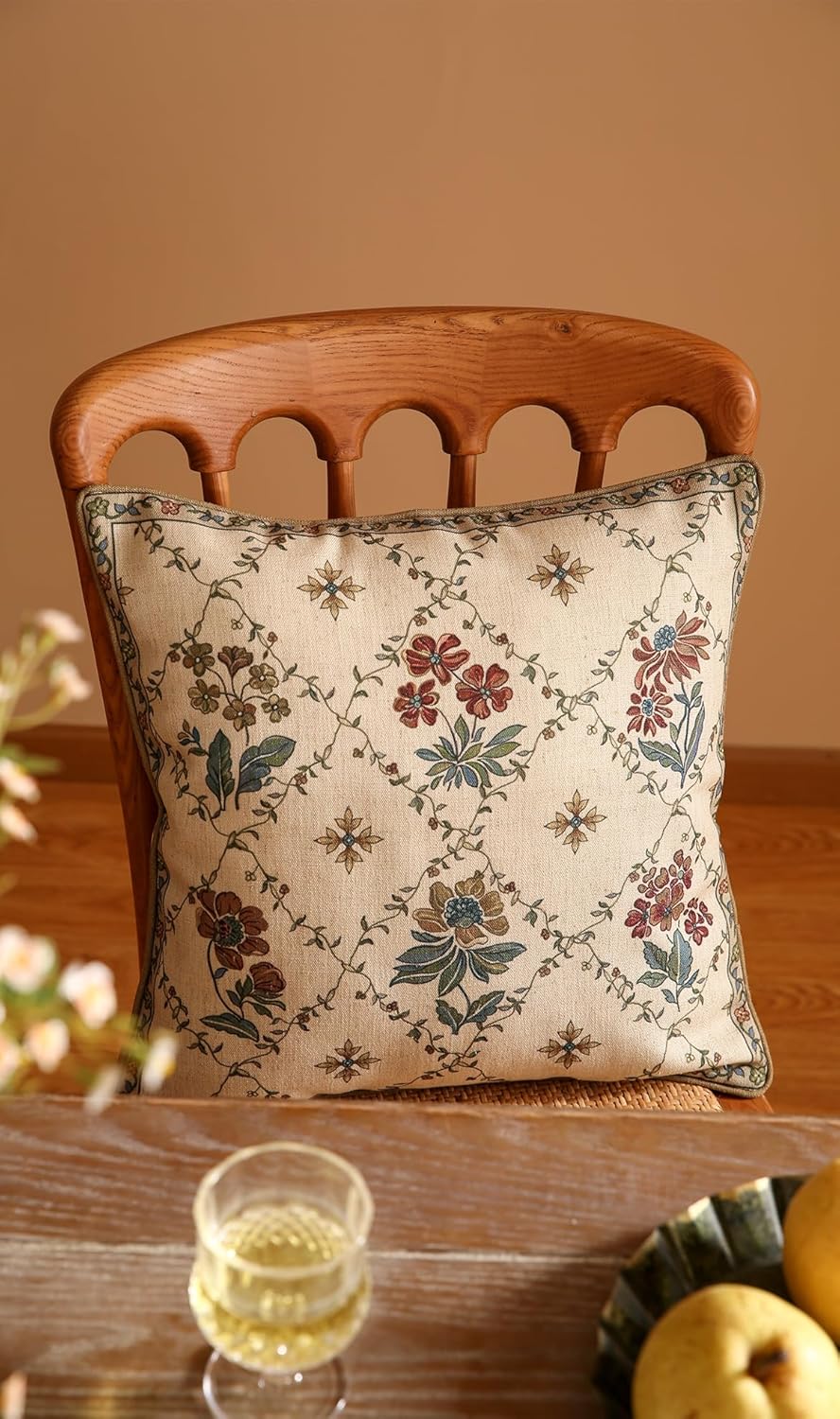 patdrea Designer Throw Pillow Covers,Square Euro Retro Style Light Brown Linen with Floral Pattern Pillow Cover,Decorative Pillowcases Cushion for Bed Living Room Outdoor Car,18"x18"