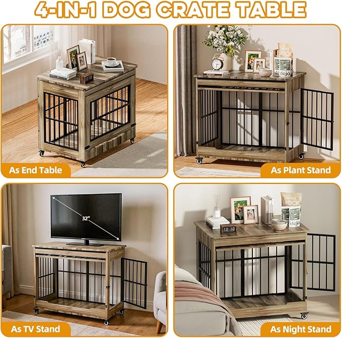 32" Dog Crate Furniture, Double Door Wooden Indoor Dog Kennel Furniture, Decorative Pet Cage End Table with Wheels for Medium and Small Breed Dogs, Size M, Rustic Brown