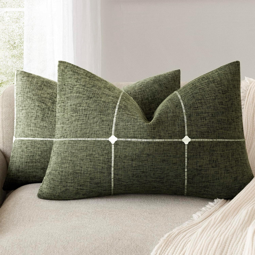 Foindtower Pack of 2 Decorative Faux Linen Jacquard Check Throw Pillow Covers Farmhouse Lumbar Cushion Cover with Grid Textured Pillowcase for Couch Sofa Living Room Home Decor,12×20 Inch,Olive Green