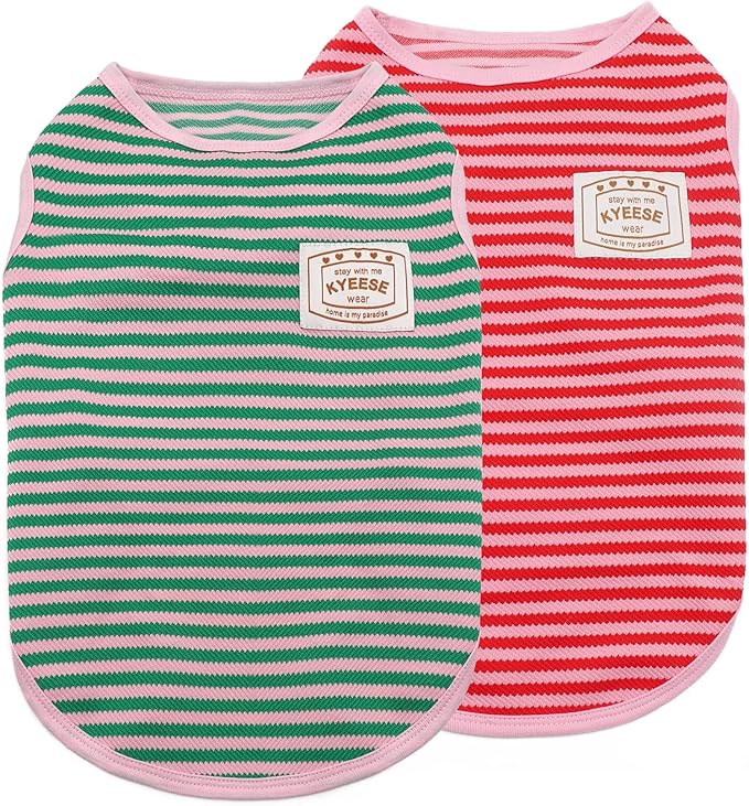KYEESE 2Pack Dog Shirts Striped Soft Stretchy Dog T-Shirts Lightweight Tank Top Sleeveless Vest Breathable Pet Outfit, XX-Large, Green+Pink