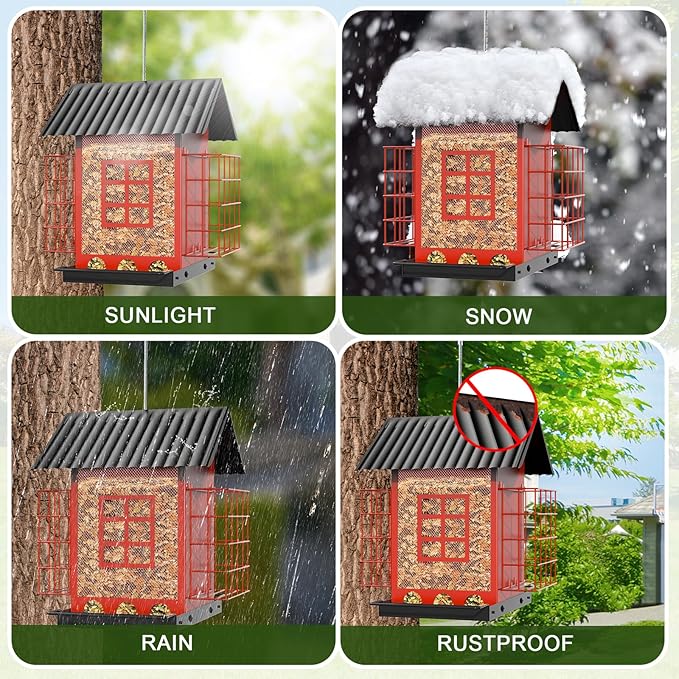 Bird Feeders for Outdoors Hanging, Metal Bird Feeder with Double Suet Cage Cake, Large Capacity, Birdfeeders Sturdy & Weatherproof, Easy to Clean & Refill, Great for Attracting Wild Birds