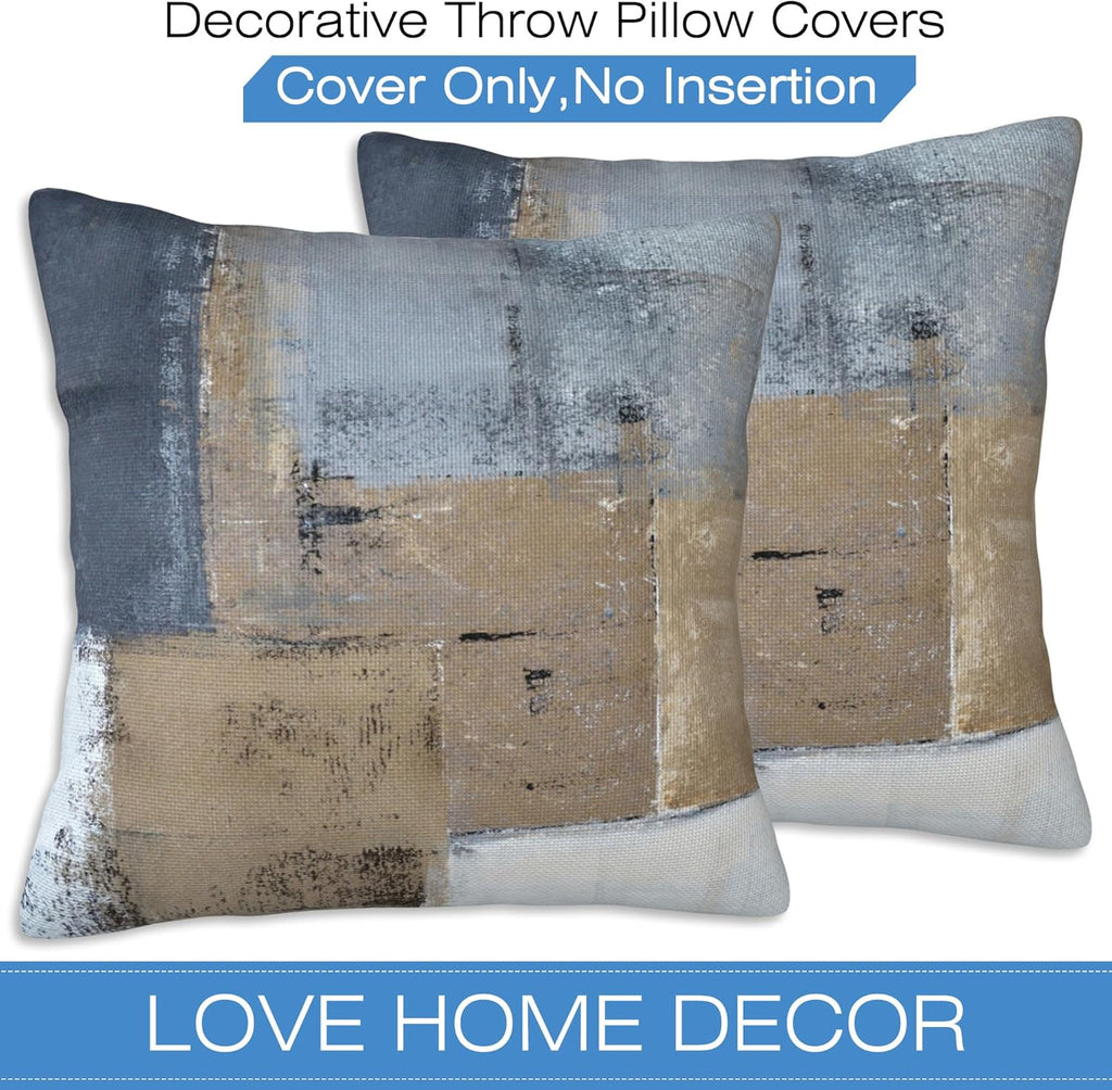 Throw Pillow Covers Grey and Brown Abstract Art Pillow Covers 16x16 Inch Set of 2 Throw Pillows Decorative Pillow Cases Cushion Covers for Bedroom Livingroom Sofa Farm House