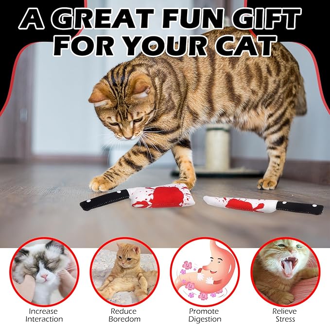 EXPAWLORER Cat Catnip Toys- 6 Pcs Halloween Interactive Stuffed Knife Nip Toy for Indoor Cats, Bite Resistant Chew Toys Teeth Cleaning Gift for Kitten