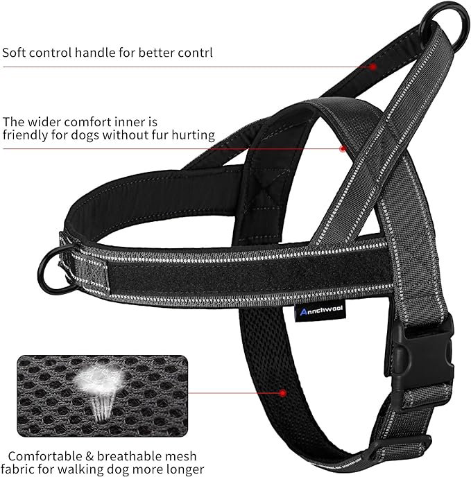 Annchwool No Pull Dog Harness with Soft Padded Handle-Reflective Strip Escape Proof and Quick Fit to Adjust Dog Harness-Easy for Training Walking for Small & Medium and Large Dogs(Black,XS,1 In Width)