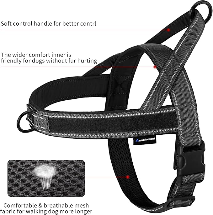 Annchwool No Pull Dog Harness with Soft Padded Handle,Reflective Strip Escape Proof and Quick Fit to Adjust Dog Harness,Easy for Training Walking for Small & Medium and Large Dogs(Black,M)