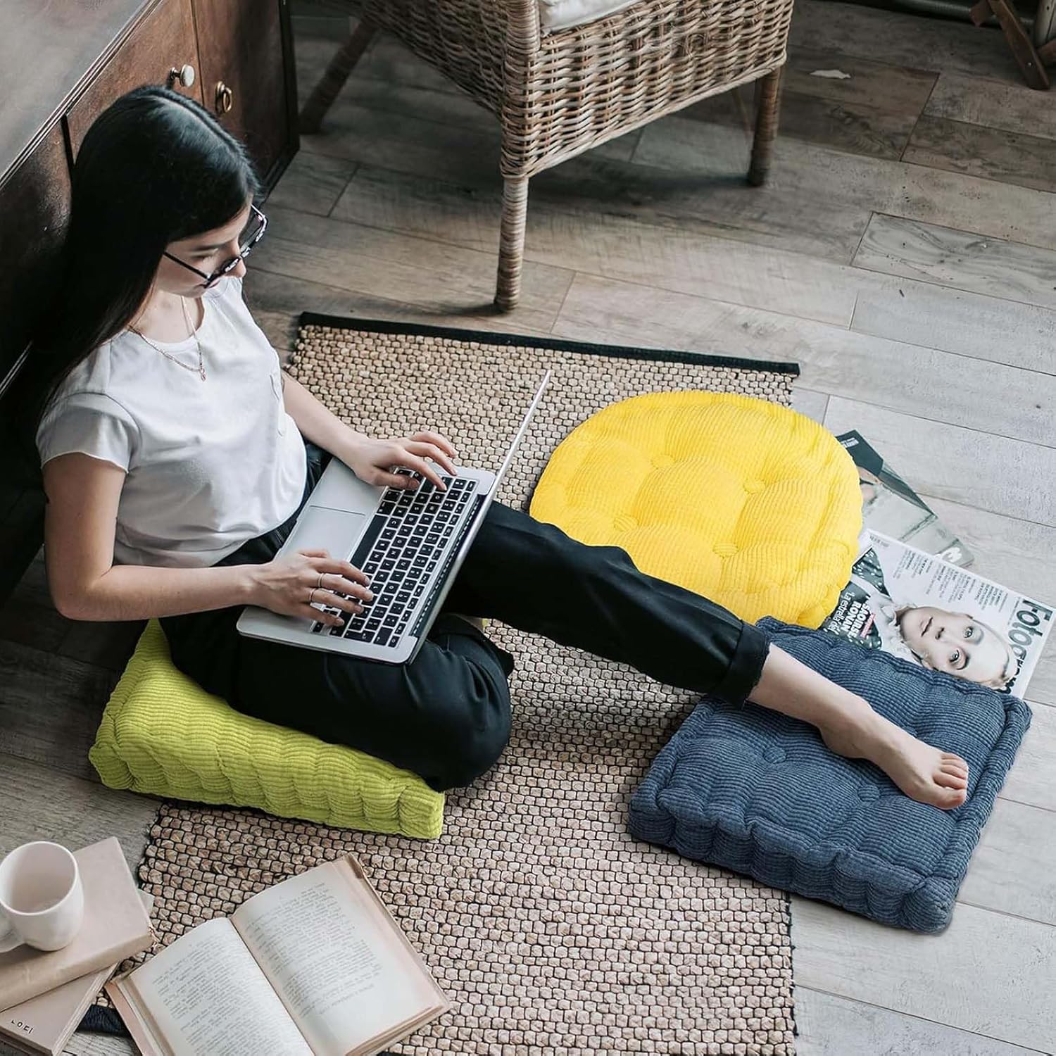 Meditation Floor Pillow 2 Pack Large Square and Round Floor Cushions for Adults Blue Corduroy Floor Seat Pillows Cushion for Living Room Balcony Tatami Yoga,18x18 Inch