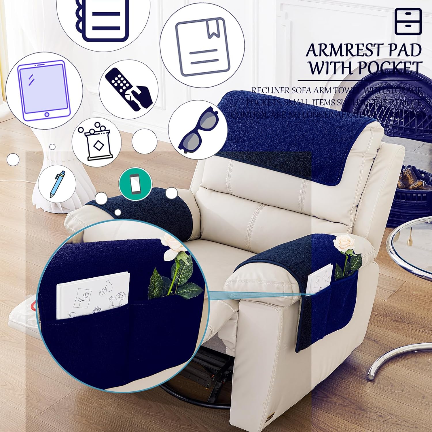 Armrest Cover, Recliner Chair Protector, Furniture Protector Slip, Side Storage Pocket, Stretch Armchair Couch Arm Rest Cover for Recliner, Chair, Sofa (Navy Blue,1 Seater(3pcs))