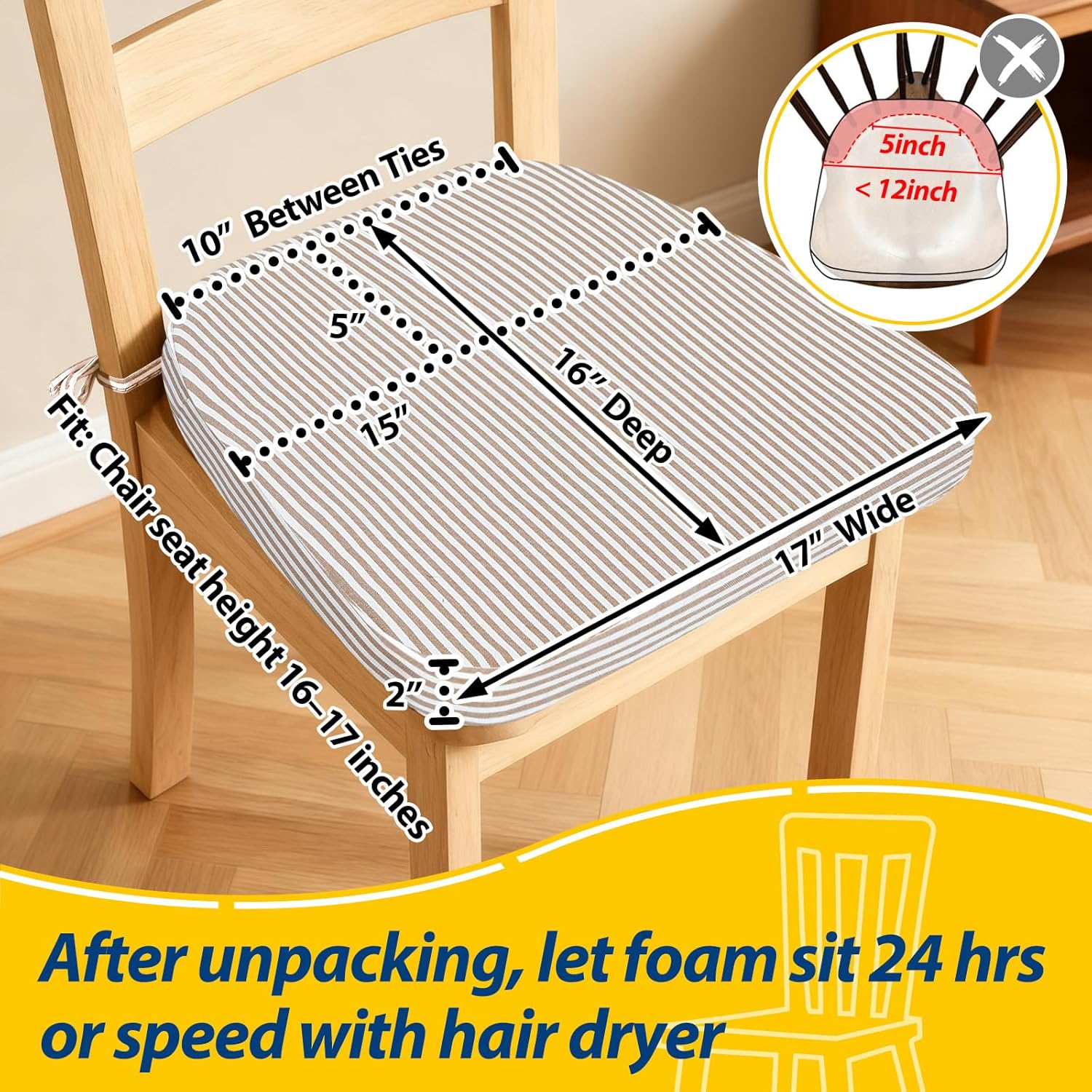 AAAAAcessories D-Shaped Chair Cushions, 2" Thick Dining Chair Pads with Ties and Removable, Machine-Washable Cover, 17" x 16", Natural Sand Pinstripe