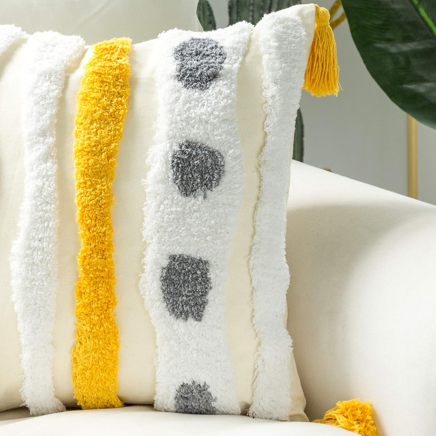 Woven Tufted Farmhouse Boho Throw Pillow Cover, Modern Decorative Multi Color Geometric Stripes Pillowcase with Tassels for Couch Sofa Bedroom Living Room, 18 x 18 Inches, Ivory, White, Yellow, Grey