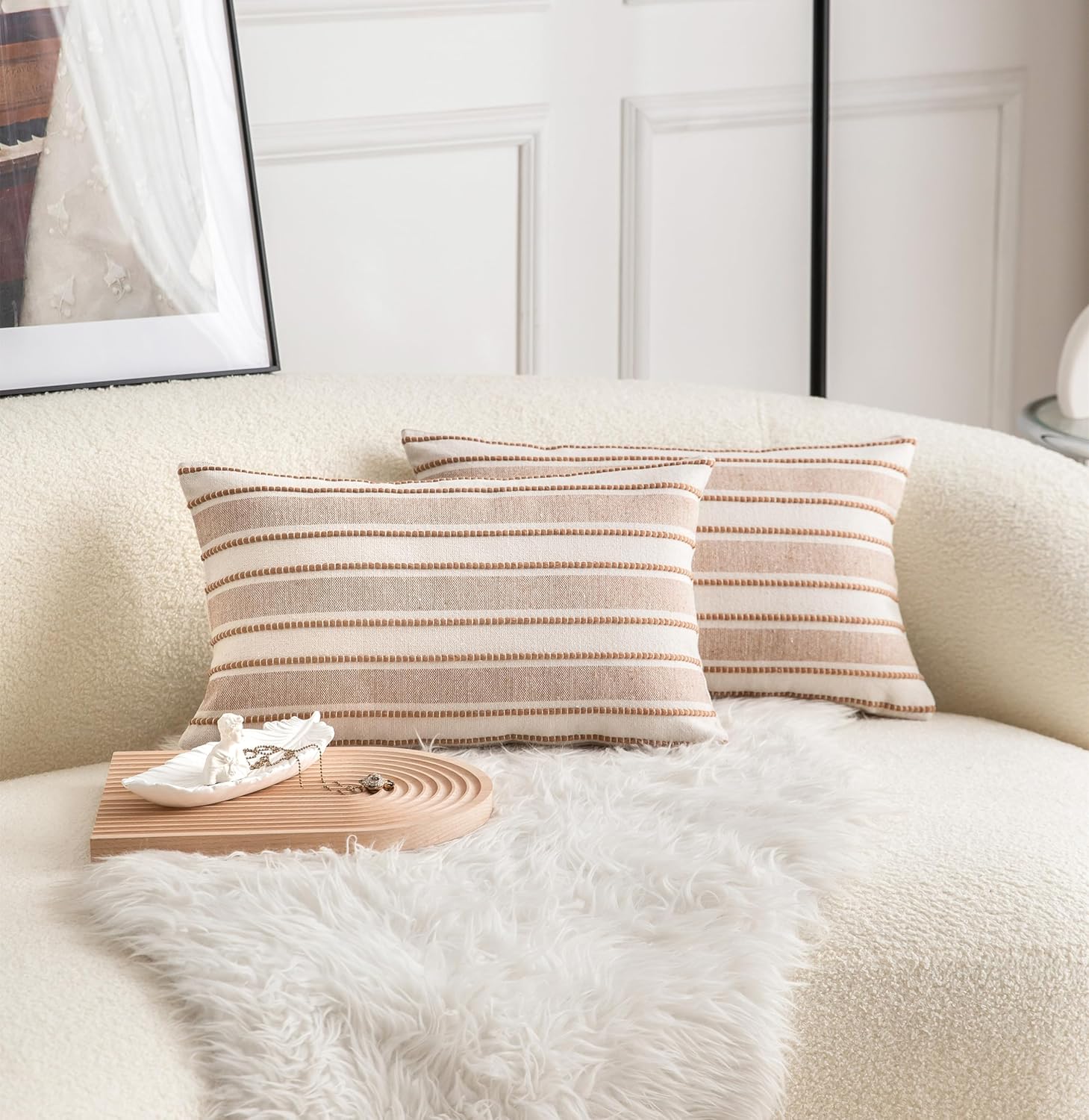 Decorative Boho Lumbar Throw Pillow Covers, Farmhouse Textured Pillow Case, 12 x 20 Inch Set of 2, Chair Sofa Bedroom Living Room Home Decor Couch Cushion Case, Brown and Beige