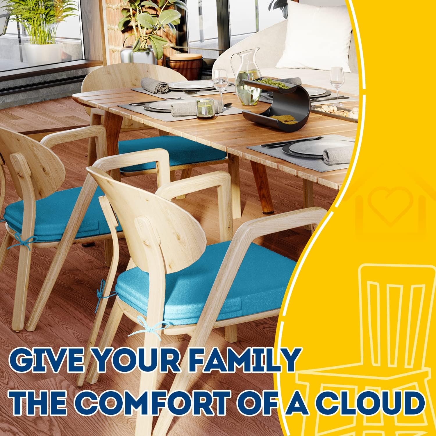 AAAAAcessories D-Shaped Chair Cushions, 2" Thick Dining Chair Pads with Ties and Removable, Machine-Washable Cover, 17" x 16", Set of 6, Teal