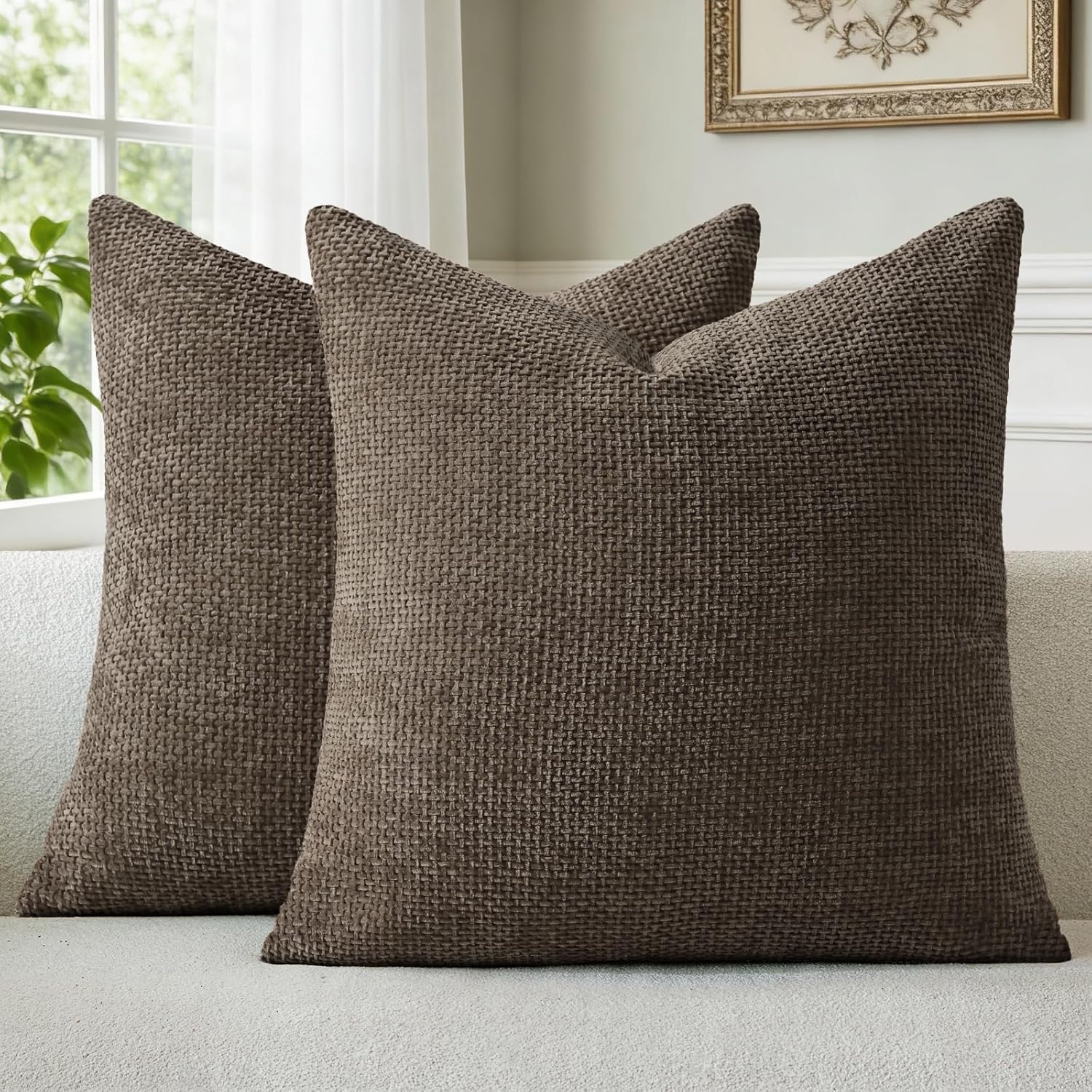 a moment Dark Brown Chenille Throw Pillow Covers 20x20 Inch Pack of 2 Modern Decorative Throw Pillow Covers Farmhouse Cross Covers Home Decor for Sofa Bedroom Living Room