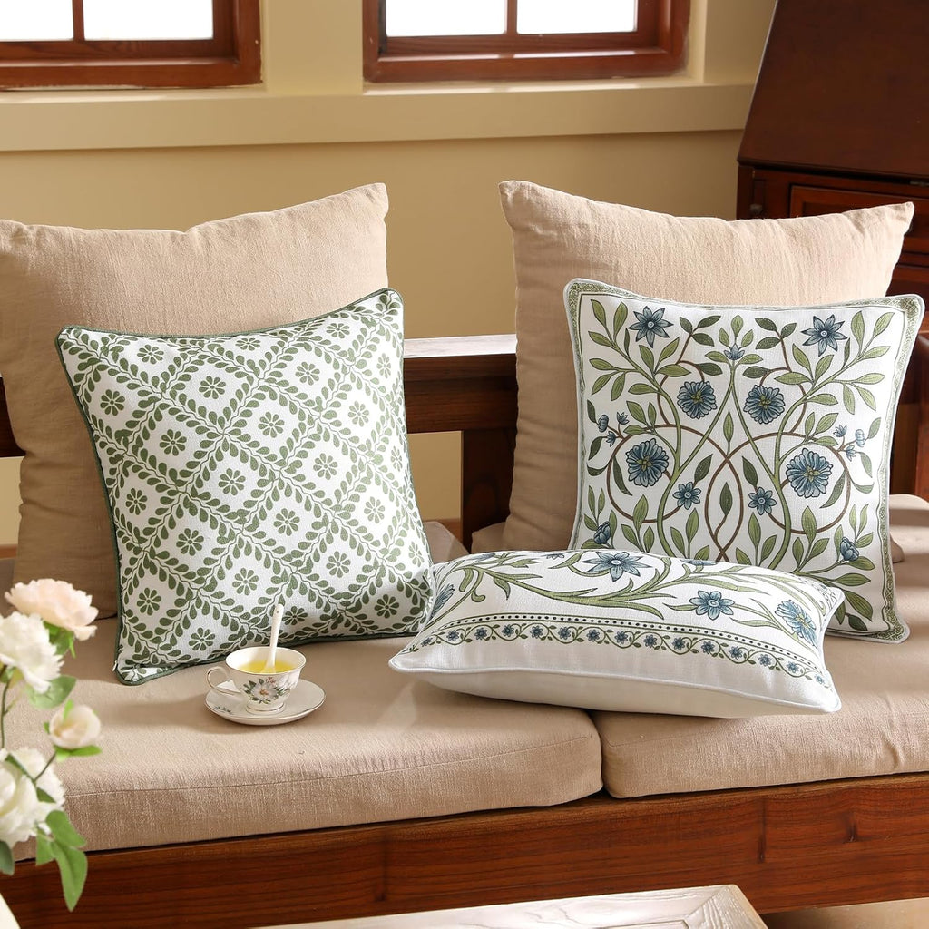 ISAENNE Design Fresh Linen Square Throw Pillow Covers 18"x18", French White Cottage Cushion Covers with Blue Floral Branches Pattern Decor Pillowcases for Bed,Living Room,Outdoor,Car