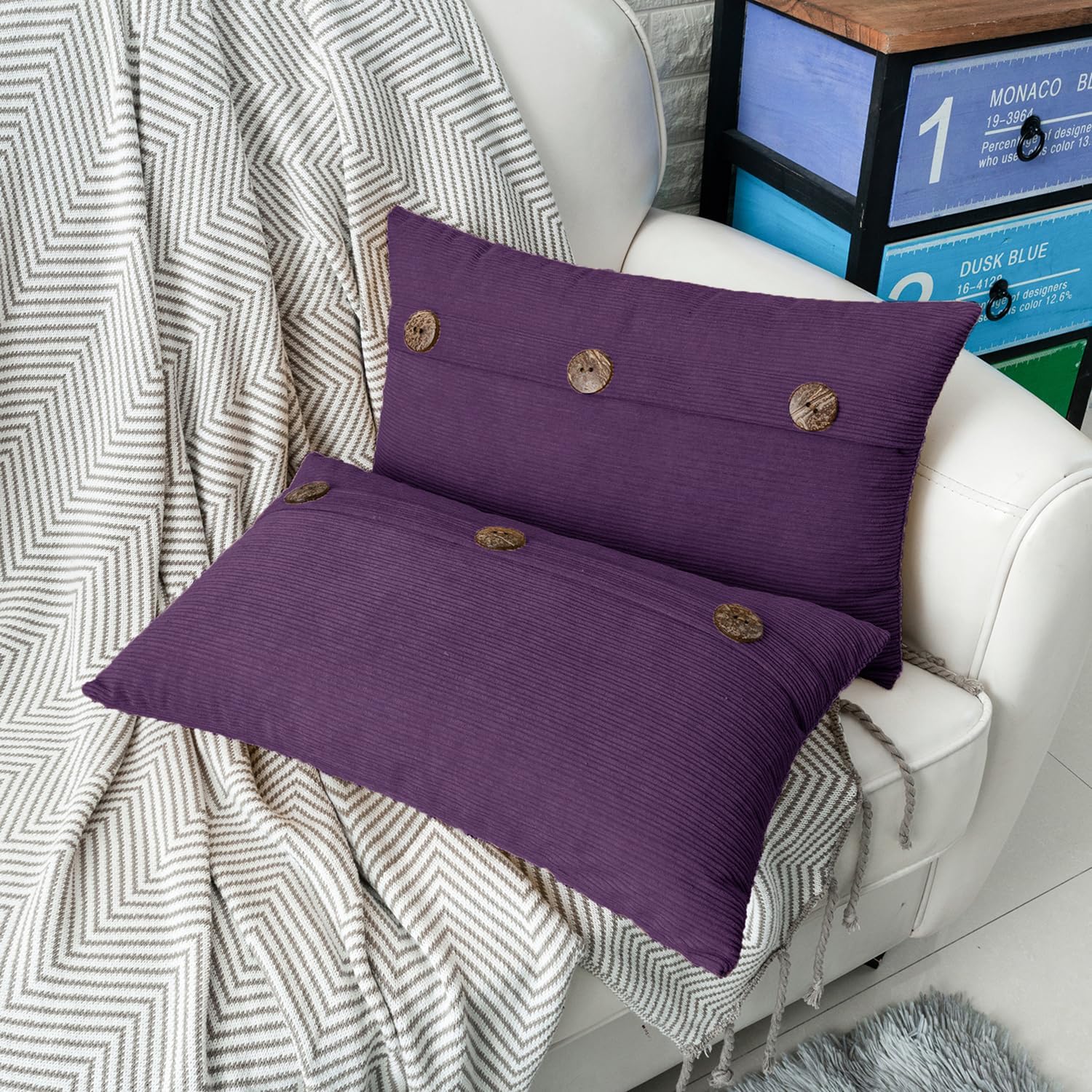 HWY 50 Purple Chenille Throw Pillow Covers 12x20 Inch with Triple Buttons, Soft Farmhouse Accent Decorative Cushion Cases for Couch Sofa Bed Living Room Pack of 2 Rectangle