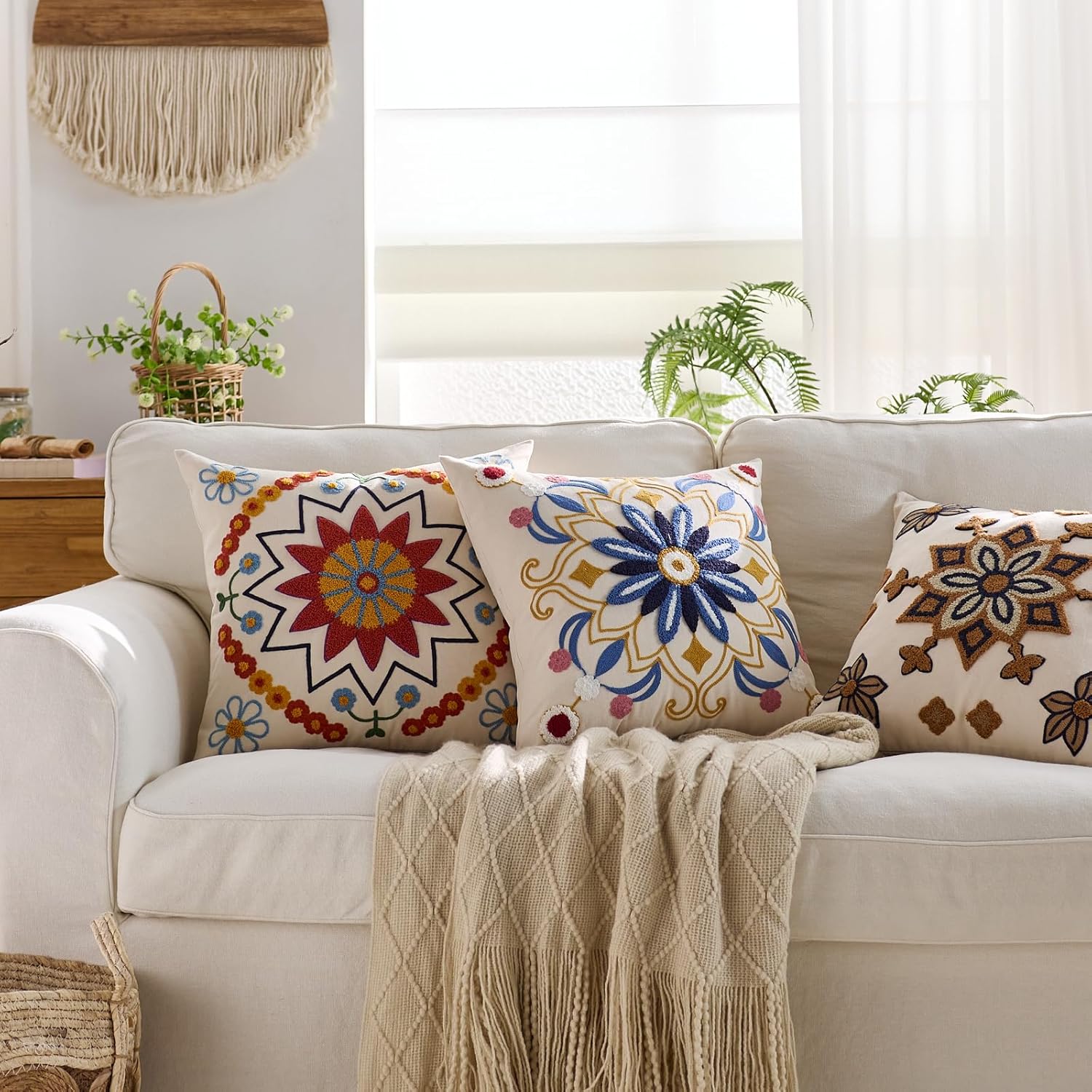 Embroidered Throw Pillow Cover 22x22 Classic Boho Floral Pattern Pillows Cover Outdoor Decorative Pillowcase,Durable Cozy Textured Cushion Case for Sofa Couch Bed Living Room,Orange