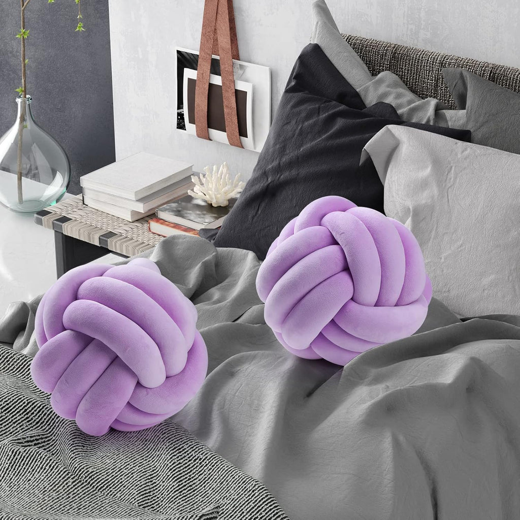 2 Pieces Knot Ball Pillows Round Plush Aesthetic Cushion Pillows Soft Stress Relieving Cute Decorative Knotted Pillows for Kids Bed Sofa Bedroom Decor (Light Purple, 10.6 Inches)