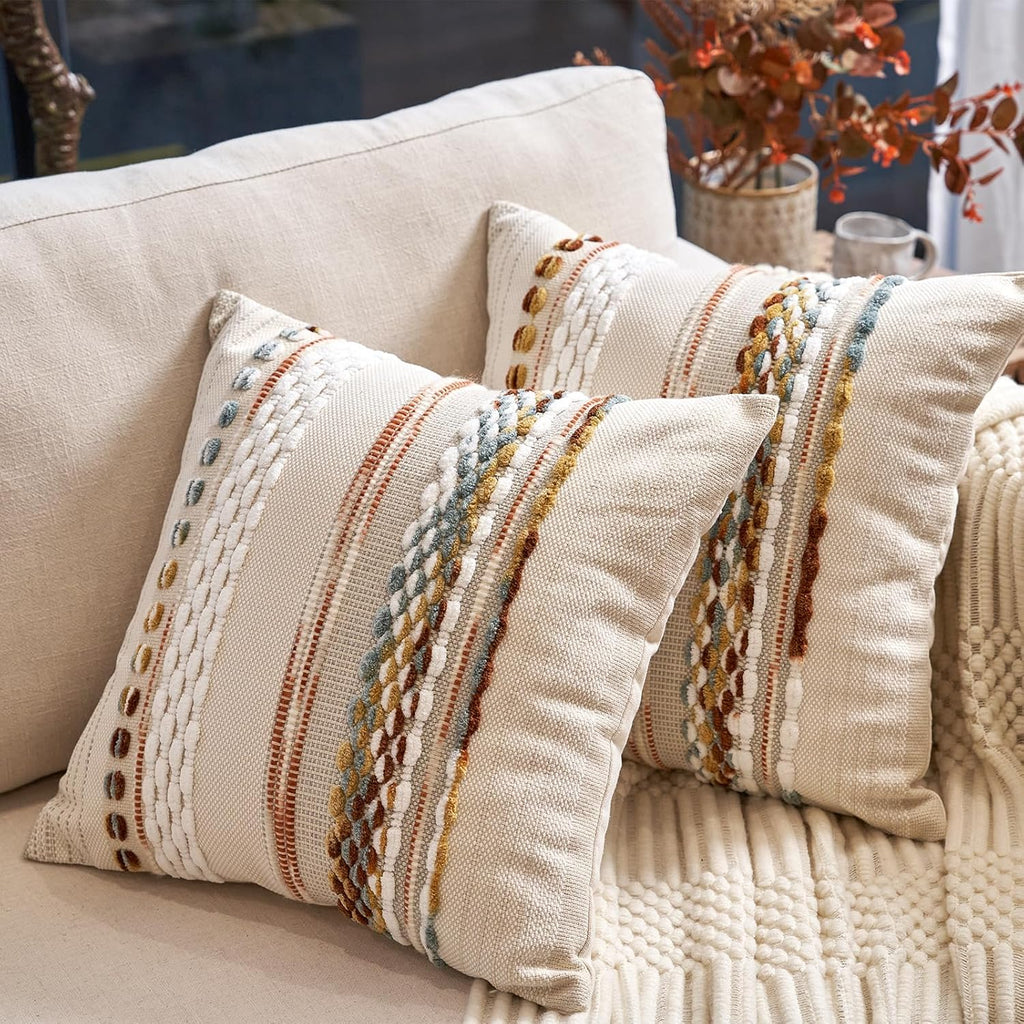 Aeckself Boho Throw Pillow Covers 18x18 Inch Set of 2, Farmhouse Decorative Striped Square Pillow Covers Chenille Tufted Pillow Cases Accent Neutral Pillowcase for Living Room Couch Bed, Orange White